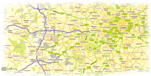 Map of the area between London and Windsor