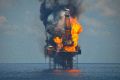 The oil rig on fire!
